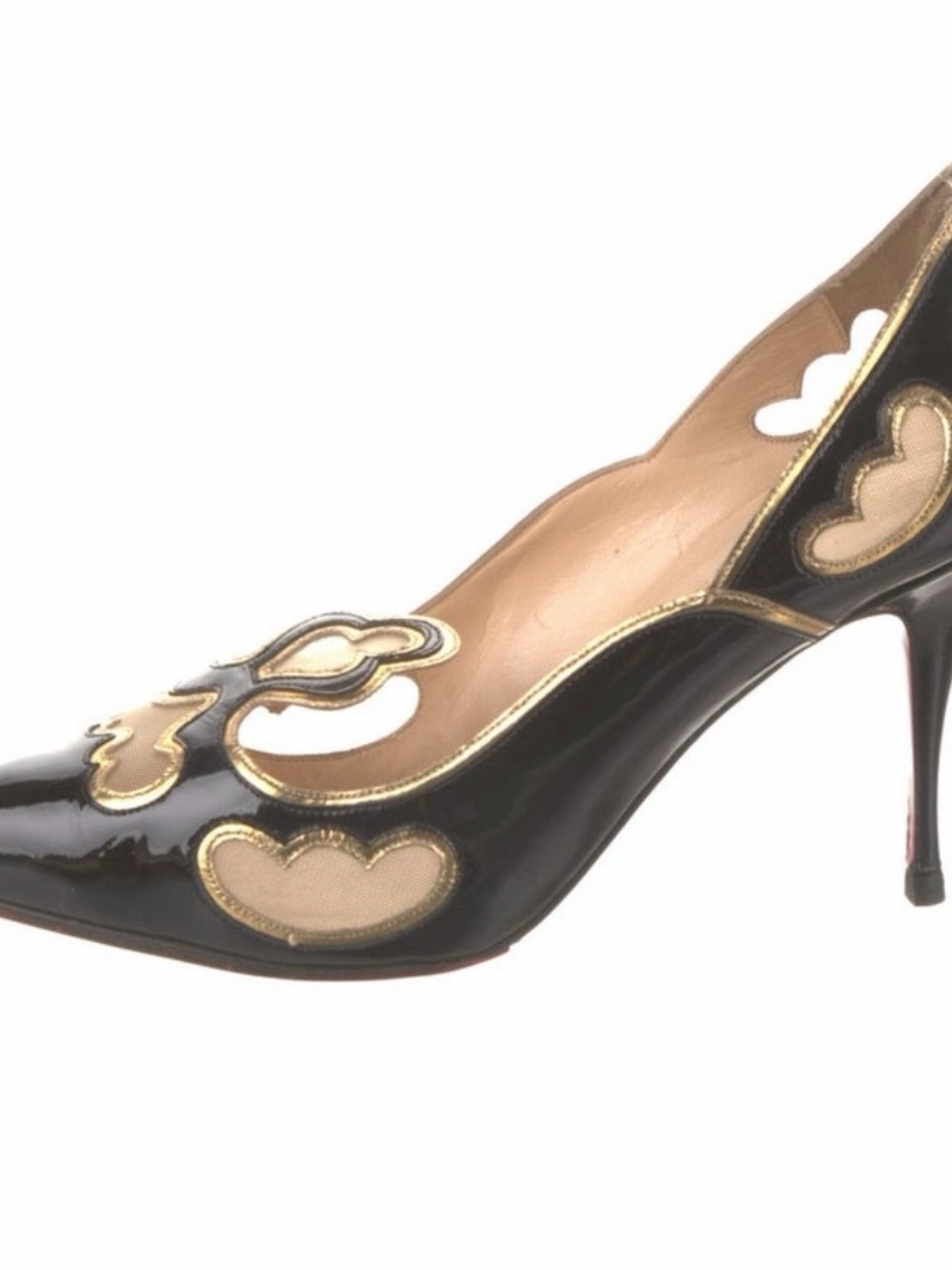 Christian Louboutin Black Patent Leather Pointed Toe Pumps with Gold Trim
